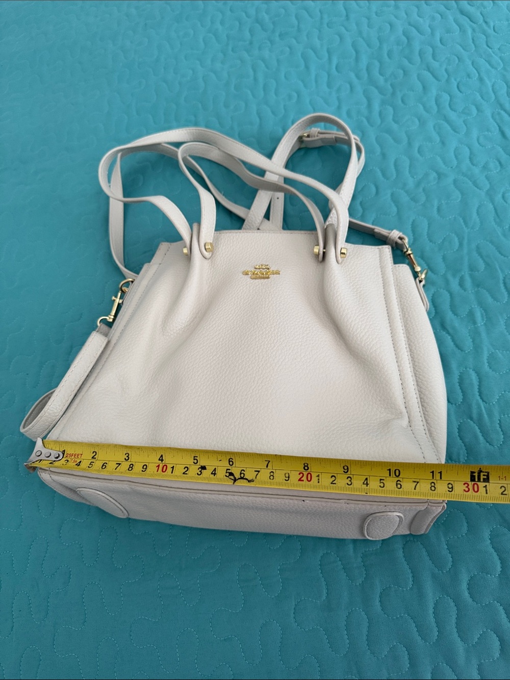 Coach Light Ivory Leather Shoulder Tote Bag Gold Hardware Detachable Strap - Picture 10 of 11